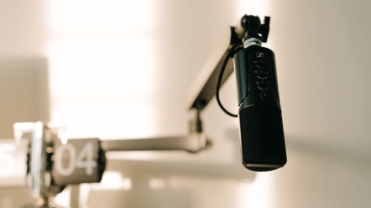 Professional microphone on a boom arm in a recording studio