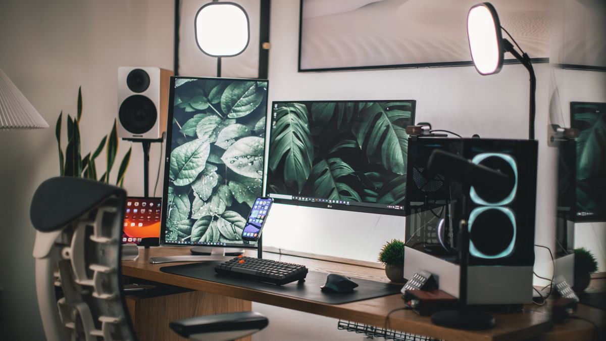 Gaming and streaming setup with two monitors and a microphone