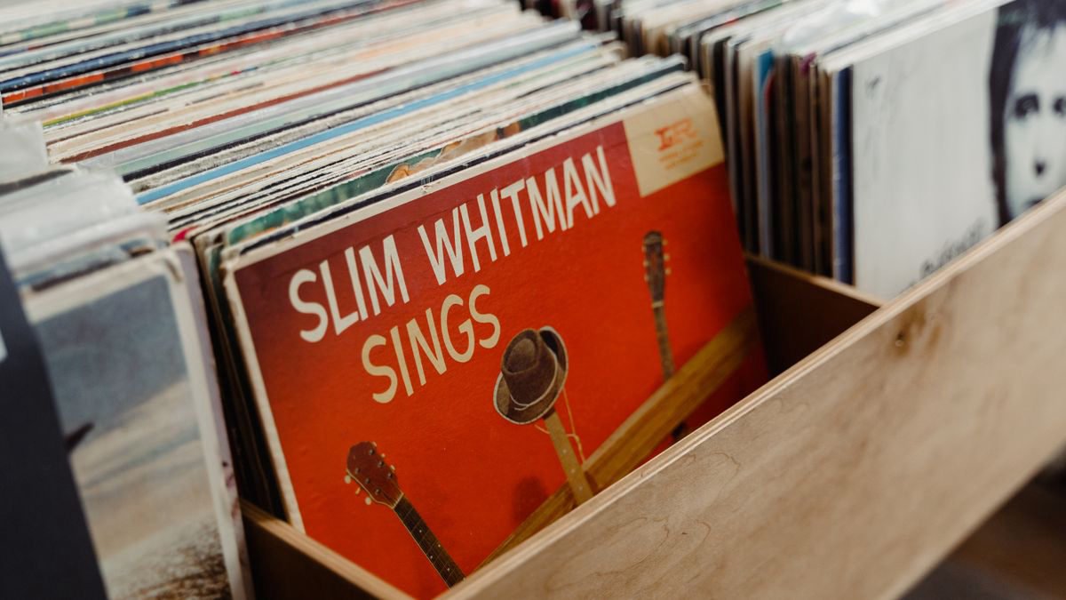 Crate of vinyl records in a music shop